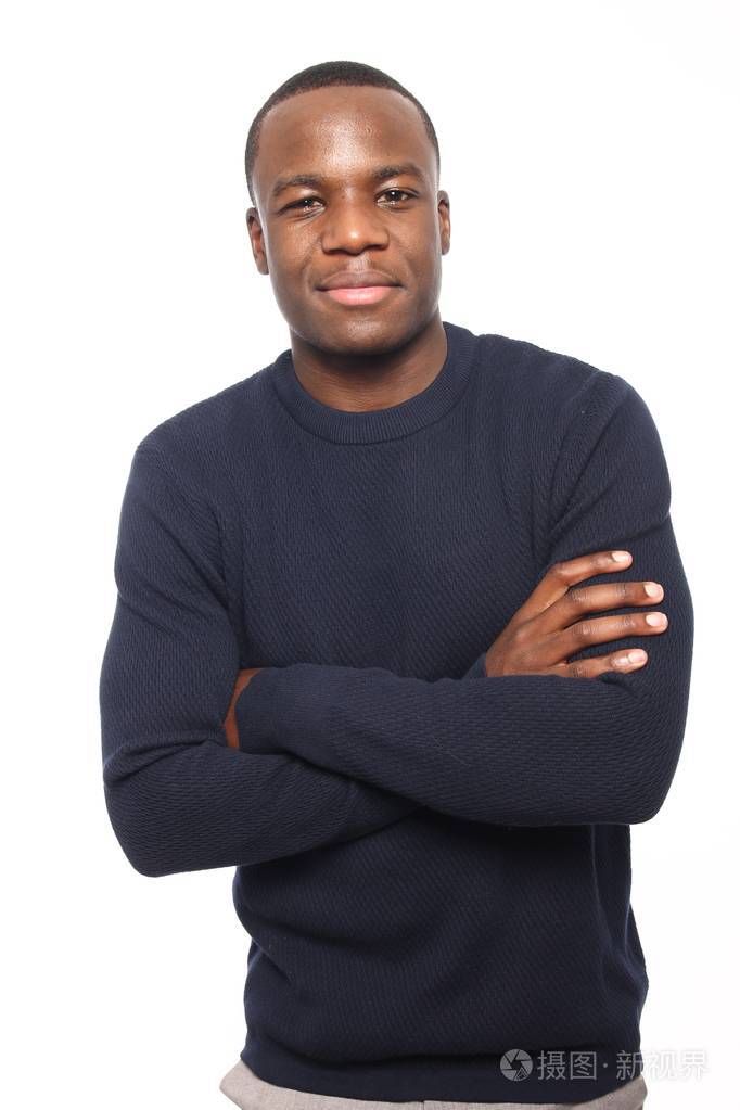 在白色背景面前的快乐黑人男子照片-正版商用图片0nji05-摄图新视界