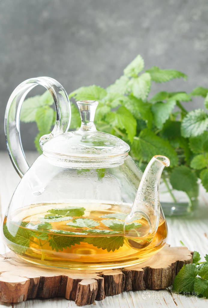 在表和新鲜梅丽莎柠檬香蜂草和薄荷枝上的透明茶壶的茶选择性的焦点