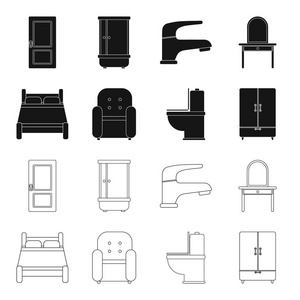 一张床, 一把扶手椅, 一个马桶, 一个衣柜。Furniturefurniture 集合图标在黑色, 轮廓样式矢量符号股票插画网