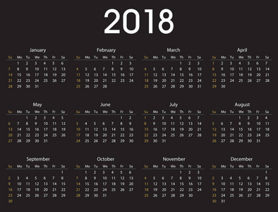 商业和私人使用的简单 2018年日历模板