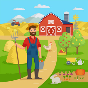 快乐农夫与农业风景和庭院站立在农场谷仓前面和农田与庄稼。生态农业概念向量图在平面设计中的实现。农场图表大套装