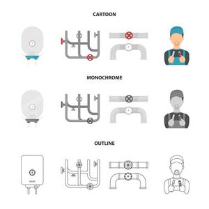 锅炉, 水管工, ventils 和管道。水暖套装集合图标卡通, 轮廓, 单色风格矢量符号股票插画网站
