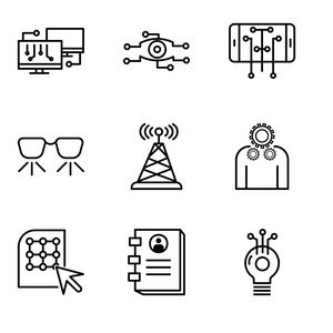 集9个简单的可编辑图标, 如想法, 联系书, 点击, 设置, 天线, Ar 眼镜, 智能手机, 分析, 网络