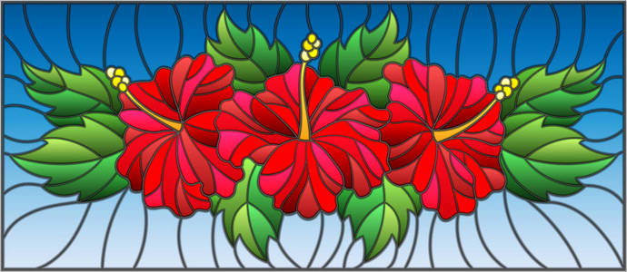 图中彩色玻璃风格与花朵和芙蓉在蓝色背景上的叶子