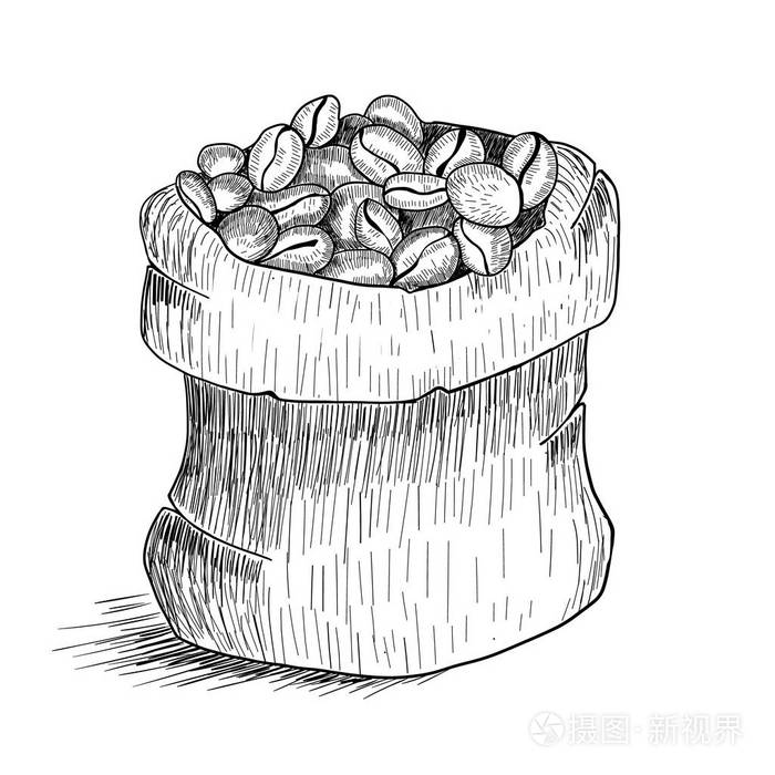 手画的袋咖啡豆隔离在白色背景上.线条艺术样式