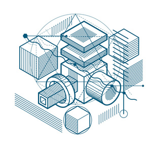 线条和形状的抽象矢量等距 3d 背景。多维数据集 六角形 正方形 矩形和不同的抽象元素的布局