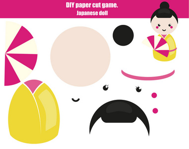 Diy 儿童教育创意的游戏。使日本娃娃女孩用剪刀和胶水。Paprecut 活动。孩子们的创造性可打印教程
