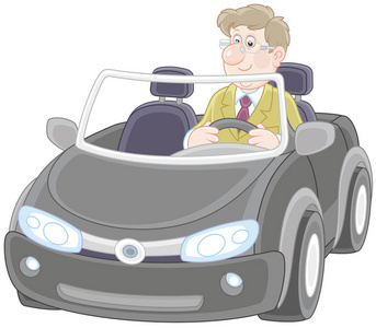 微笑的人驾驶他的跑车, 卡通风格的矢量插图照片