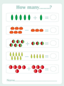 计数教育游戏的孩子，孩子的活动工作表。多少个任务对象。学习数学 数字 演绎主题 股票矢量图