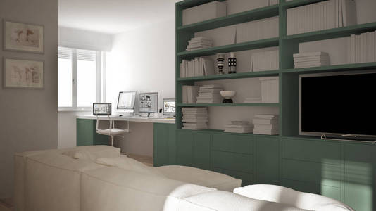 现代客厅与工作场所角落, 大书架和窗口, 极小的白色和绿色建筑学室内设计