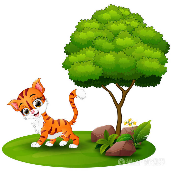 在白色背景上的一棵树下的卡通猫