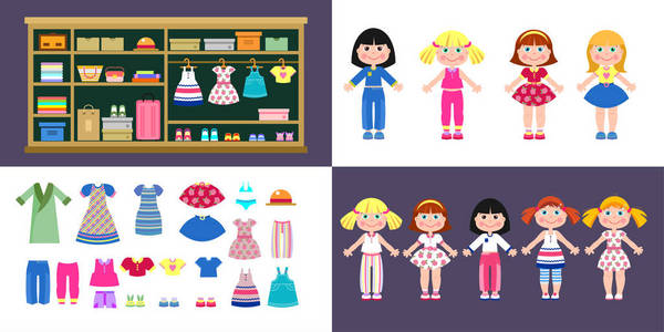 组的纸女孩娃娃穿着不同的服装。一套衣服和鞋。衣橱的衣服和配件