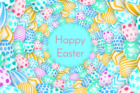 复活节背景与明亮的鸡蛋。彩色矢量插图