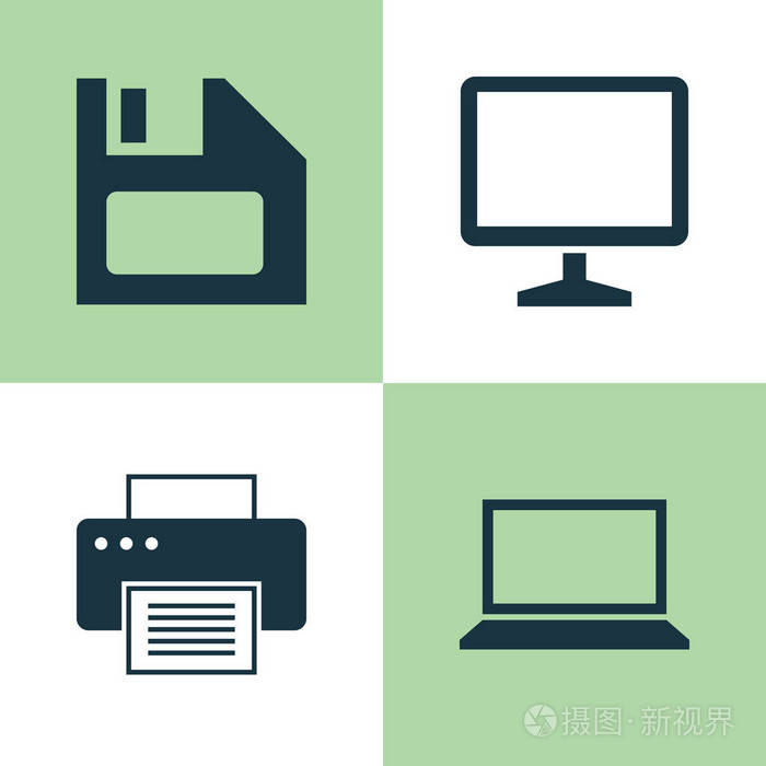 笔记本电脑图标设置.笔记本, 台式机, 印刷机和其他元素的集合.