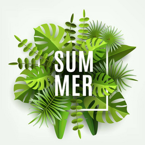 夏季热带树叶和植物的时髦。绿色抽象背景。剪纸。矢量设计