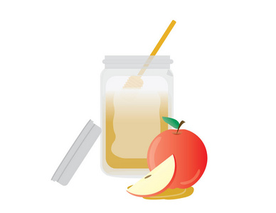 红苹果, 苹果片和木制更深的蜂蜜罐子白色背景