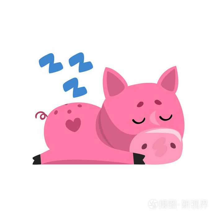 粉红色滑稽卡通猪睡觉, 可爱的小猪字符矢量插图白色背景