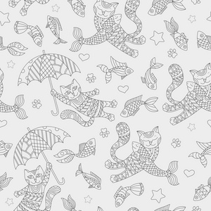 滑稽的猫和鱼的无缝模式，黑暗轮廓数字光背景