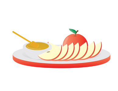 红苹果, 苹果片和蜂蜜在白色和红色板材