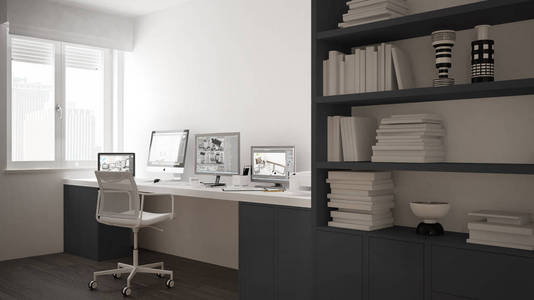 现代工作场所在简约的房子, 书桌与计算机, 大书架, 舒适的白色和灰色建筑室内设计