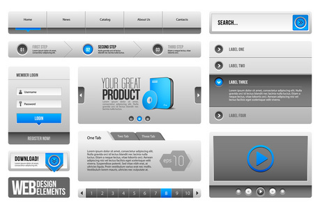 现代洁净网站设计元素灰色蓝色灰色 按钮 形式 滑块 滚动 旋转木马 图标 选项卡 菜单