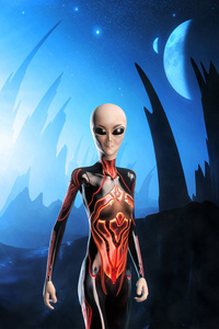 外星人和蓝色行星3d 渲染科幻插图照片