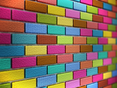 多彩色砖块形成一堵墙。3d 图