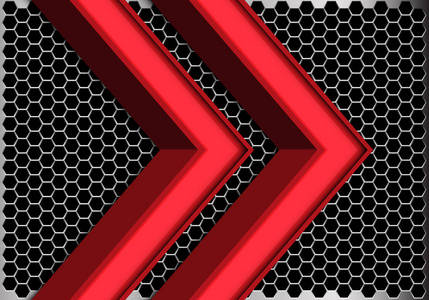 金属六角网的抽象双红色箭头设计现代未来主义背景矢量插画