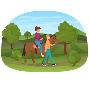 男人与女人骑领先马在它矢量图图片