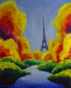 原创油画的艾菲尔铁塔巴黎.梦想.秋天,绿色,蓝色.插图照片