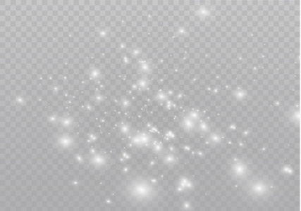 白色的火花和金色的星星闪耀着特殊的光效果。矢量在透明背景上闪闪发光。圣诞节抽象模式。闪亮的魔法尘埃颗粒