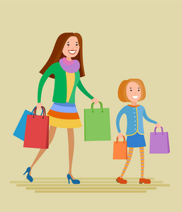 卡通的母亲和女儿去逛商场照片