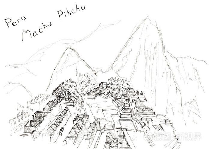 素描手画马丘比丘秘鲁旅行孤立在白色背景上的艺术
