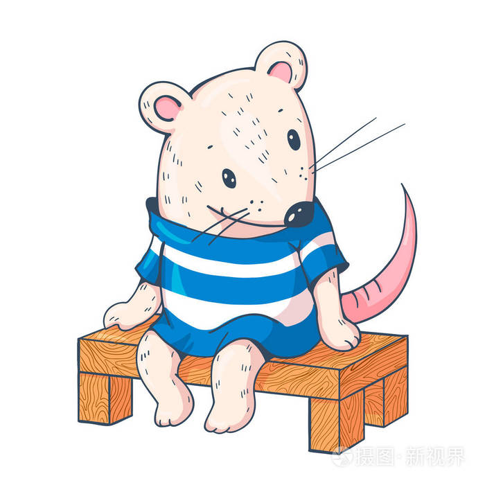 在板凳上的滑稽卡通胆小的例证.手绘插图.向量