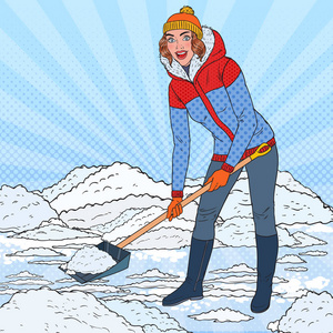流行艺术的漂亮女人用铲子清雪。冬季降雪。矢量插图