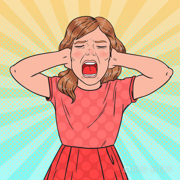 流行艺术的愤怒的小女孩尖叫.好斗的孩子.孩子情绪化的表情.矢量插图