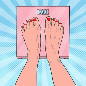 测量体重的女人.矢量插图照片