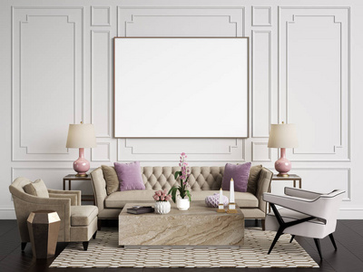 经典的内饰。沙发, 椅子, sidetables 与灯具, 桌子与装饰。白色墙壁与装饰。地板实木复合木字形, 地毯与图案。样机