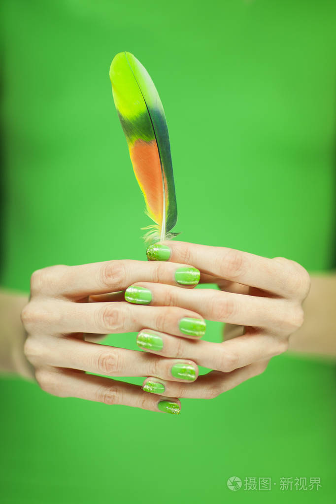 女子手捧异国情调的小鸟羽毛, 感性工作室拍摄黑色背景