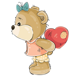 矢量图的一个充满爱的棕色泰迪熊女孩隐藏背后她毛绒红色的心，和要吻某人