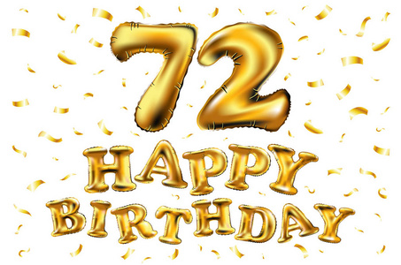 72周年纪念日, 生日快乐庆典。3d 插图与辉煌的金色气球和喜悦的五彩纸屑为您独特的贺卡, 横幅, 生日邀请, 庆祝周年纪念