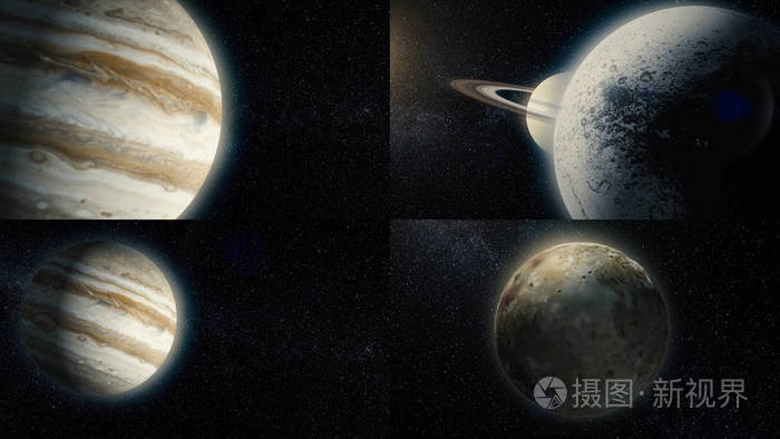 一套动画行星和太阳系卫星。剪辑.动画的环形空间图案背景。太阳系行星的集合。太阳系的动画