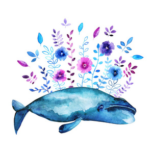 水彩鲸鱼与花