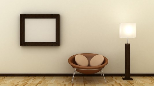在经典室内背景与木地板装饰包墙上的空白图片框。复制空间图像。3d 渲染