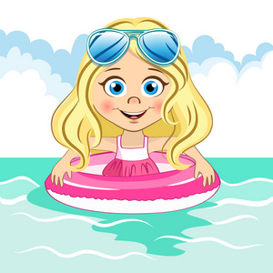 矢量可爱的金发女孩与酷蓝色太阳镜游泳的海洋里游泳圈