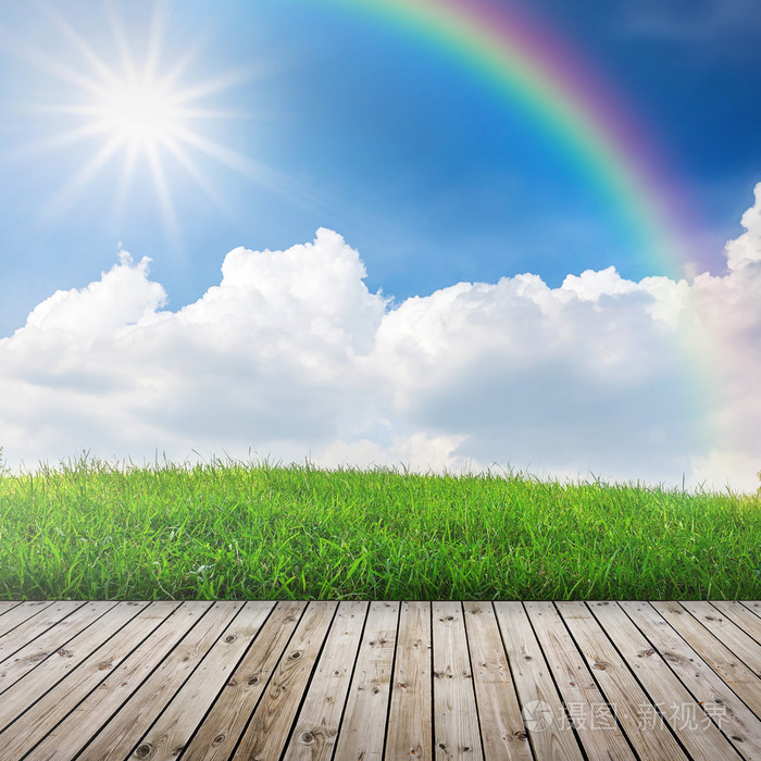 绿色的田野和蓝蓝的天空与太阳光束下的木地板