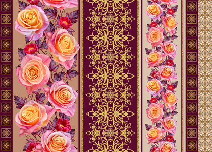 花环，橙玫瑰，鲜艳的红色花朵的花束。无缝模式。纹理的金色卷发。东方风格蔓藤花纹。辉煌的花边。镂空编织精致