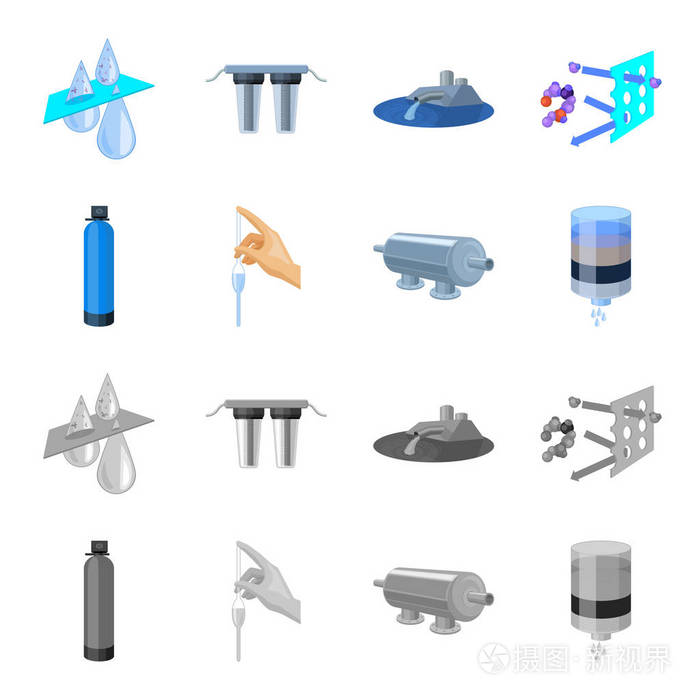 净化水过滤过滤水过滤系统集合图标在卡通单色风格矢量符号股票插画