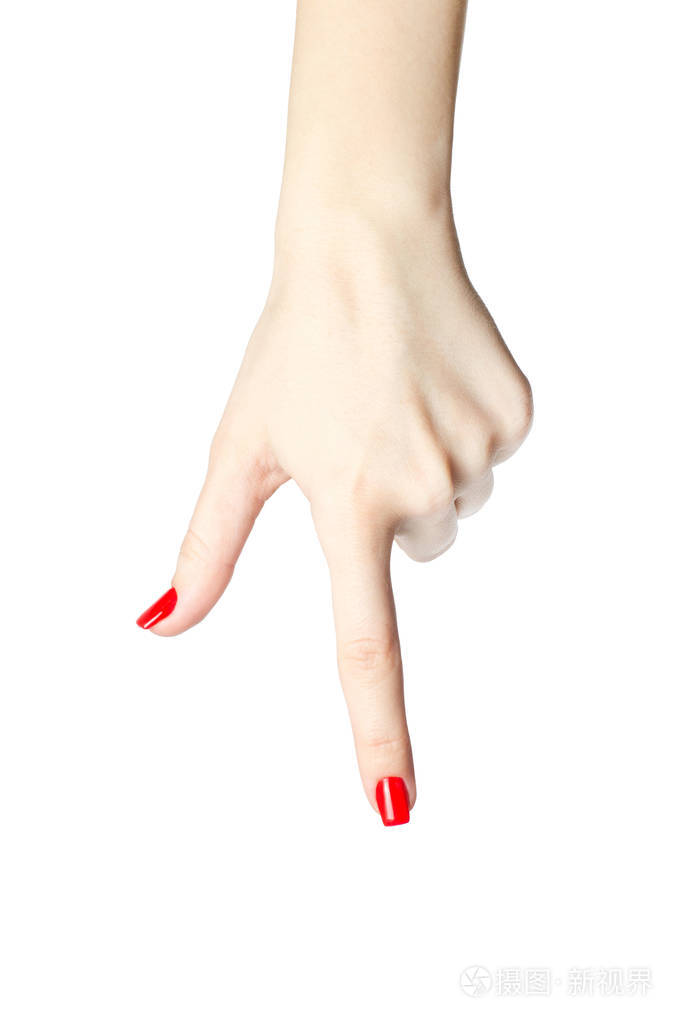 特写女人手的红指甲食指在白色背景上
