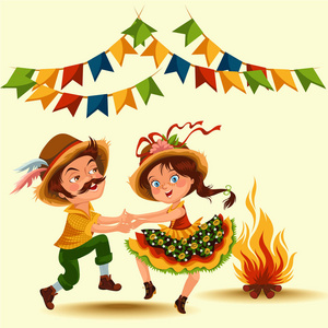 年轻夫妇男子女子跳舞萨尔萨在葡萄牙庆祝节日节日, 女孩草帽传统的嘉年华舞, 节日派对舞者, 喜庆的人狂欢节矢量插画
